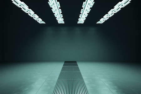 Modern concrete grunge exhibition hall interior with lamps and empty mock up place on wall. Museum...