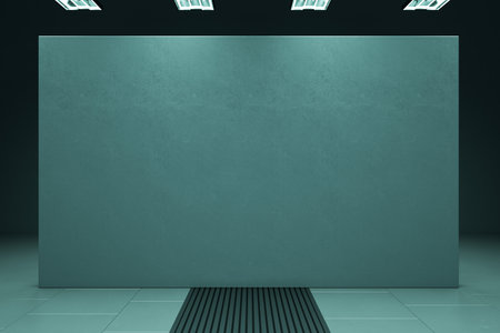 Clean concrete grunge exhibition hall interior with lamps and empty mock up place on wall. Museum and gallery concept. 3D Renderingの写真素材