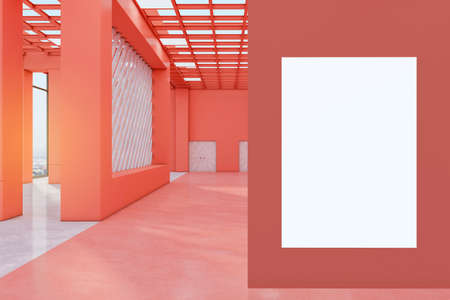 Abstract spacious red industrial warehouse interior with empty white mock up poster, city view and...