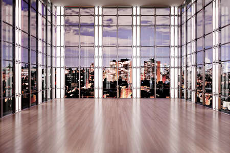 Modern interior with panoramic night city view and wooden flooring. Design and spacious room...