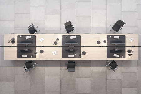 Top view of co-working office interior with furniture, equipment and concrete tile flooring. 3D Renderingの写真素材