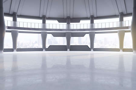 Abstract spacious round concrete interior with window, city view and daylight. Architecture and building concept. 3D Renderingの写真素材