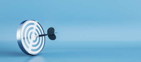Wide bullseye target with arrow on blue background with mock up place. Targeting and marketing...