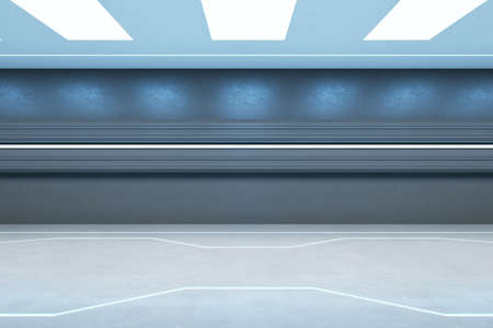 Medical futuristic blue corridor. Design and hallway concept. 3D Rendering