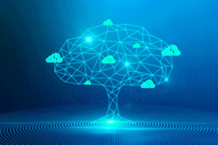 Abstract digital polygonal cloud tree on blue background. Computer, data and security concept. 3D...