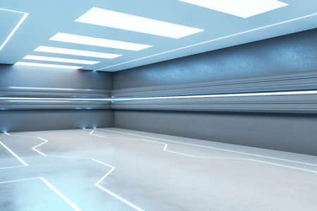 Light futuristic blue corridor. Design and hallway concept. 3D Rendering