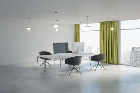 Luxury concrete office interior with furniture, equipment, window with city view and daylight. 3D...