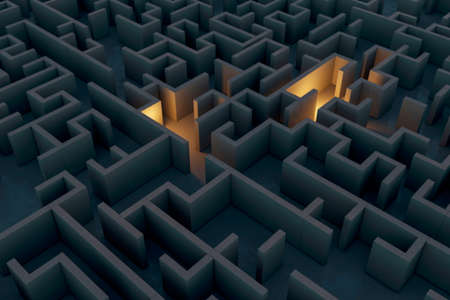 Creative illuminated maze background. Solution and idea concept. 3D Renderingの写真素材