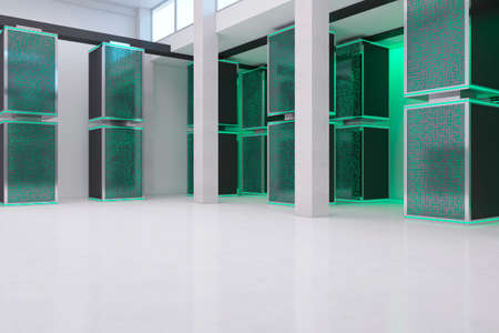 Modern green server room interior. Database and technology concept. 3D Rendering