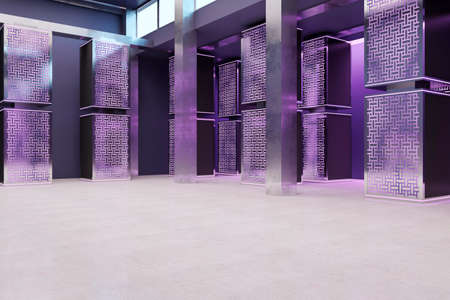 Modern purple server room interior. Database and technology concept. 3D Rendering