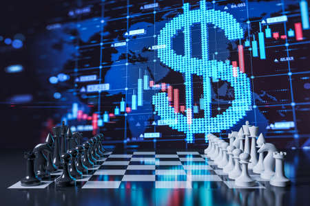 Abstract image with chessboard and growing digital dollar forex chart on blue background. Strategy, politics and finance concept. 3D Renderingの写真素材