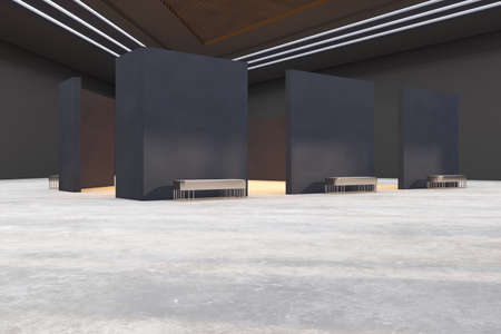 Contemporary dark concrete public gallery with empty mock up place for your advertisement. 3D...
