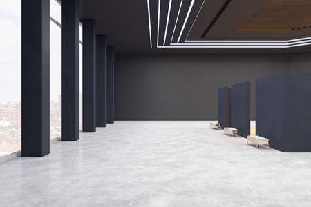 Modern dark concrete public gallery with window city view and empty mock up place for your...