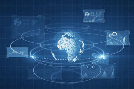Creative glowing digital business screen interface backdrop with globe and charts. Spy, hud and...