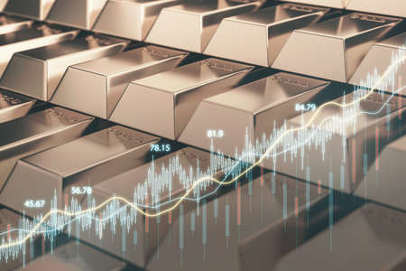 Abstract glowing candlestick forex chart on blurry golden ingots backdrop. Money, economy and...