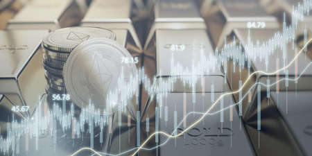 Creative glowing candlestick forex chart on blurry golden ingots background. Money, economy and...