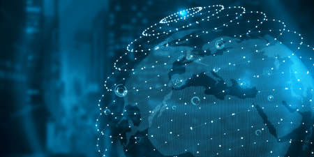 Creative glowing sphere hologram on blue city backdrop. Metaverse and future concept. double...