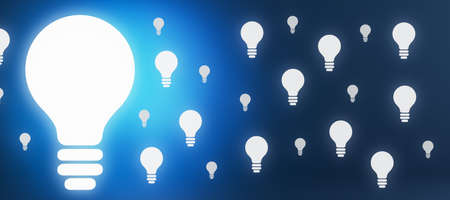 Creative wide light bulb on blue background with bright mock up place. Idea and success concept. 3D...