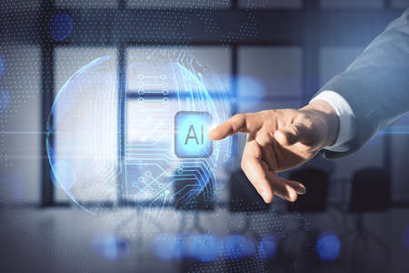 Close up of male hand pointing at abstract glowing AI sphere on blurry office interior background....
