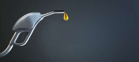 Fuel pistol pump nozzle with petrol drop on wide gray background with mock up place. 3D Renderingの写真素材