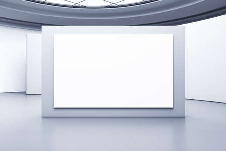 Empty white billboard in exhibition hall interior with mock up place. gallery concept. 3D Rendering
