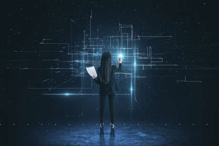 Back view of attractive young european businesswoman using abstract glowing lines interface on dark...