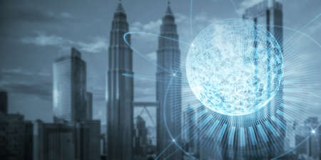 Abstract glowing sphere hologram on blue city backdrop. Metaverse and future concept. double...
