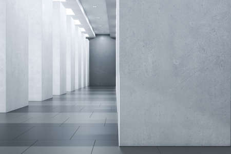 Modern concrete corridor interior with empty mock up place on wall, pillars and daylight. 3D...