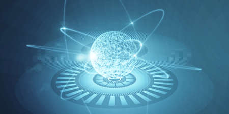 Glowing polygonal sphere hologram on blue backdrop. Metaverse and future concept. 3D Rendering