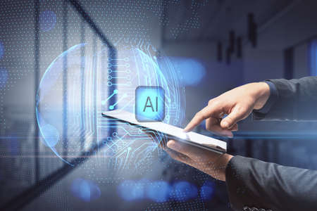 Close up of businessman hand pointing at smartphone with abstract glowing AI sphere on blurry office...
