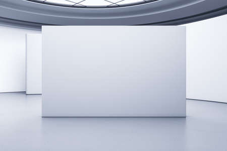 Blank white billboard in exhibition hall interior with mock up place. gallery concept. 3D Rendering