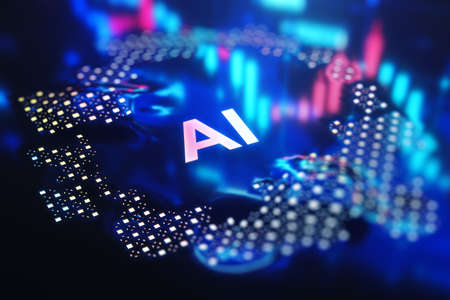 Creative glowing digital blue backdrop. NFT, AI, VPN, technology, future and big data concept. 3D Renderingの写真素材