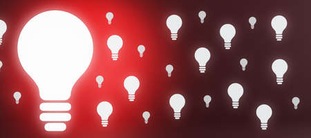 Creative wide light bulb on red background with bright mock up place. Idea and success concept. 3D...
