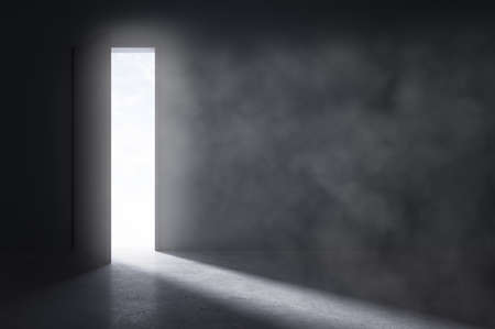 Modern smokey room with bright door opening and mock up place on wall. 3D Renderingの写真素材