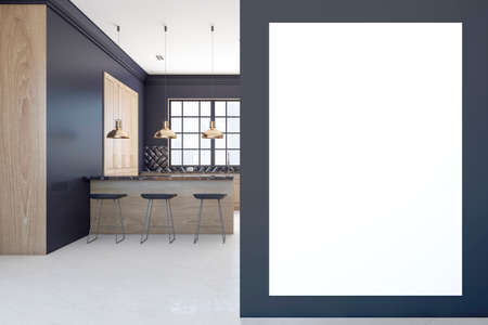 Contemporary wooden and concrete kitchen interior with empty white mock up poster, furniture, city...