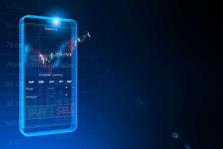 Abstract digital blue mobile phone with cryptocurrency buy sell chart and mock up place on blue...