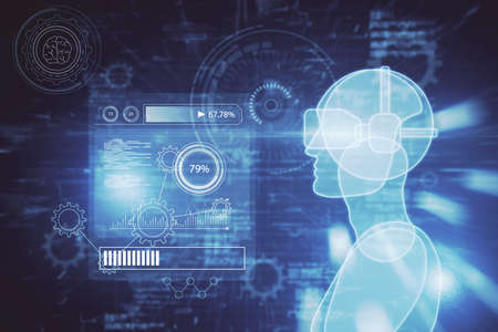 Creative blue guy or robot outline with VR glasses on blurry bokeh background with charts and...