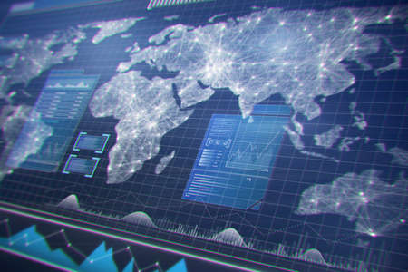 Abstract blue radar map interface on blurry backdrop. Spy and hud concept. 3D Renderingの写真素材