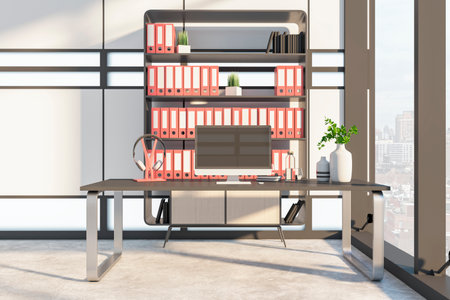 Creative designer office desktop in interior with bookshelf, mock up computer monitor and other decorative items. 3D Renderingの写真素材
