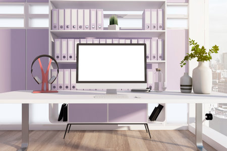 Clean designer office desktop in interior with bookshelf, mock up computer monitor and other...