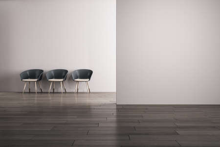 Modern concrete gallery interior with chairs, wooden flooring and blank mock up place on wall....