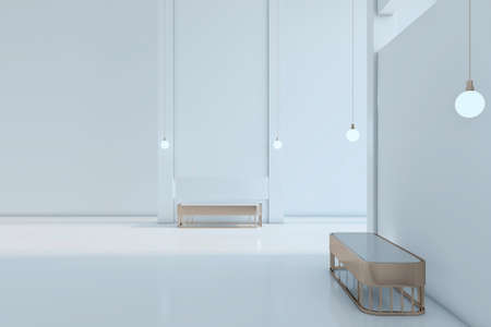 Modern white spacious gallery interior with blank mock up place, window, city view and daylight. 3D...
