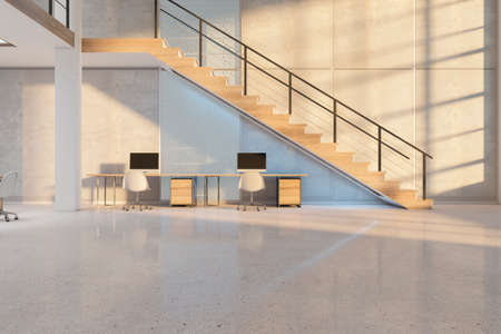 Modern wooden and concrete duplex office interior with sunlight, furniture and equipment. 3D...