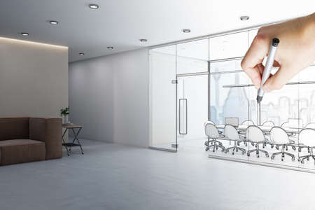 Hand drawn sketch of modern concrete and wooden, glass conference room interior with window and blurry city view, furniture and equipment. Design and refurbishment conceptの写真素材