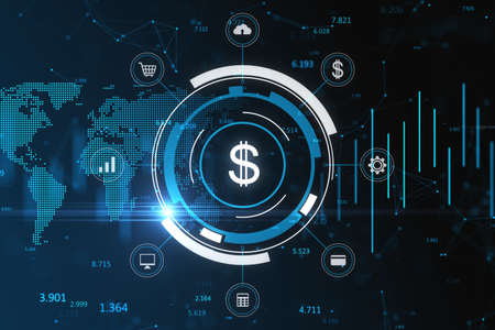 Creative glowing dollar sign hologram with forex chart and map. Currency, trade and online payment concept. 3D Renderingの写真素材