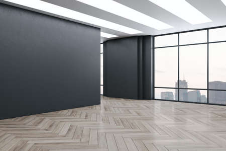 Bright gallery interior with wooden flooring, mock up place, window and panoramic city view. 3D Renderingの写真素材
