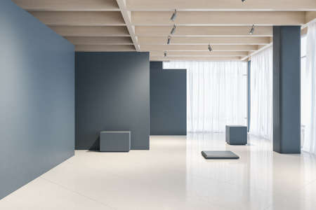 Empty modern interior design presentation hall with blank gray walls and stages on glossy marble floor with space in the foreground. art concept. 3D rendering, mockupの写真素材