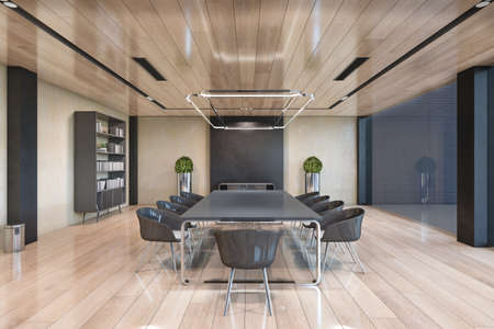 Stylish spacious meeting room with empty modern glossy conference table and chairs around, wooden...