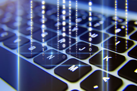 Development solutions and technology background concept with virtual glowing coding numbers on...