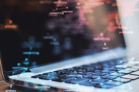 Close up of laptop with creative process stages mesh on blurry background. Process, system and...